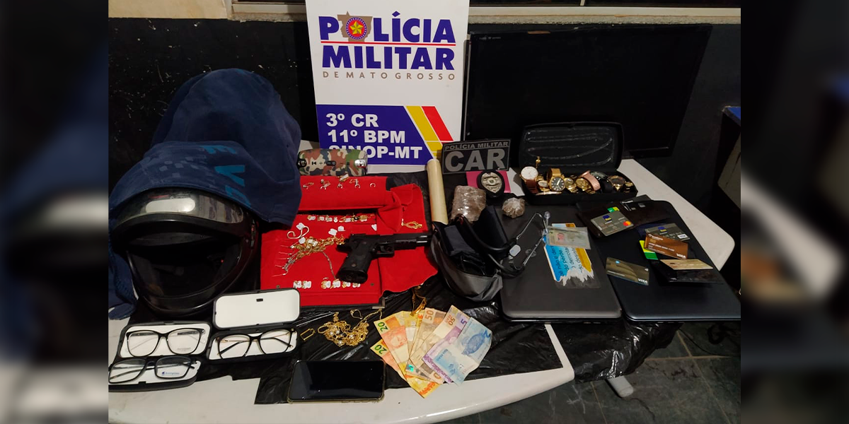 Casal  preso acusados de roubos em empresas de Sinop. (Foto: Assessoria 11 BPM Sinop)